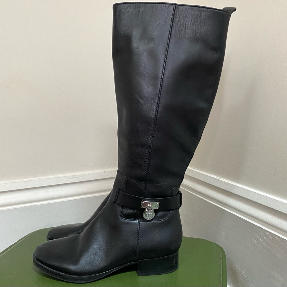 MK Leather Tall Boots w Ankle Strap & Silver Padlock Medallion - Side Zip Riding